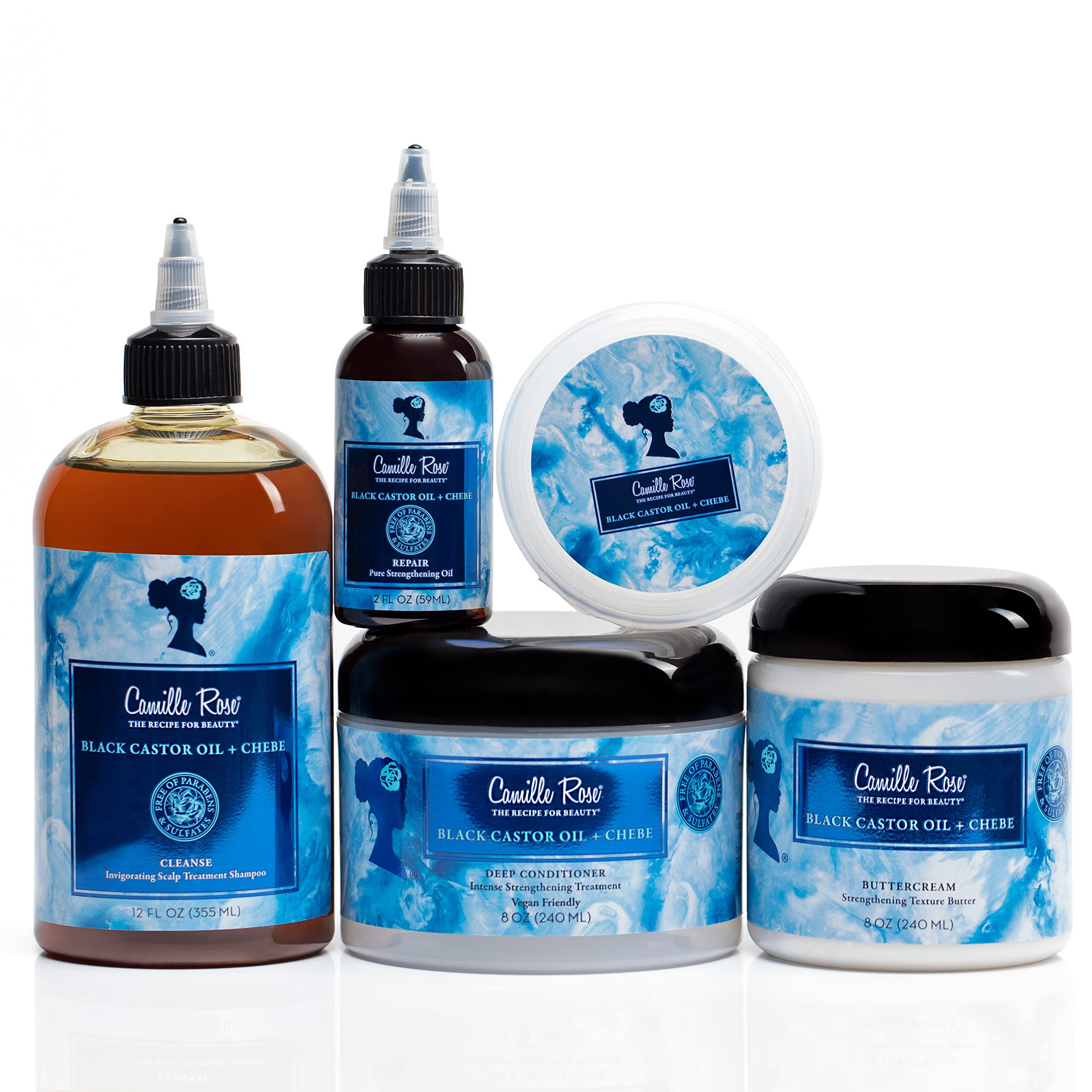 Camille Rose packaging with recyclable materials for eco-friendly hair care.