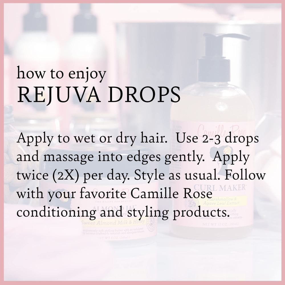 Camille Rose Rejuva Grow Back Drops peppermint blend delivering cooling scalp refreshment.