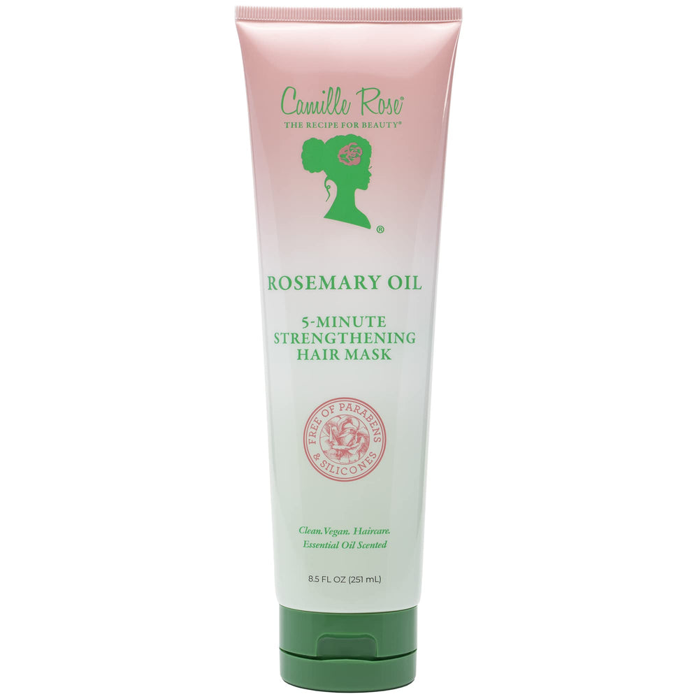 Camille Rose Rosemary Oil Deep Mask bottle showcases nourishment for stronger, healthier-looking hair.