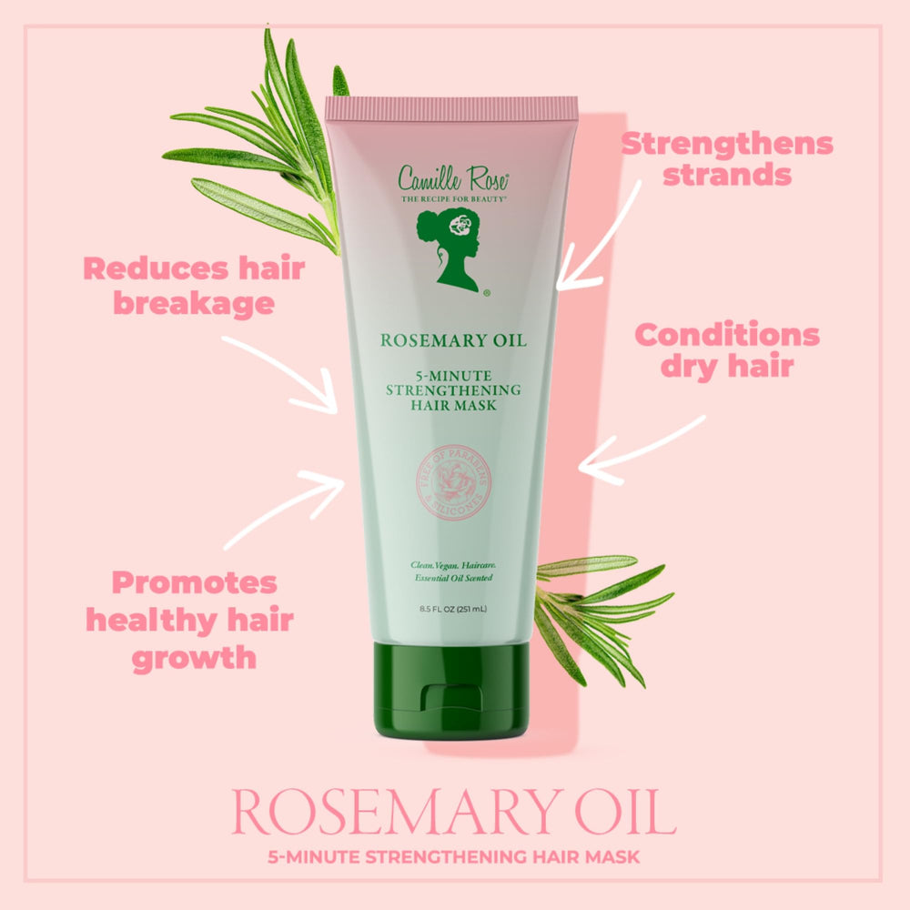 Camille Rose Rosemary Oil ingredients blend highlights rosemary, peppermint, and biotin benefits.