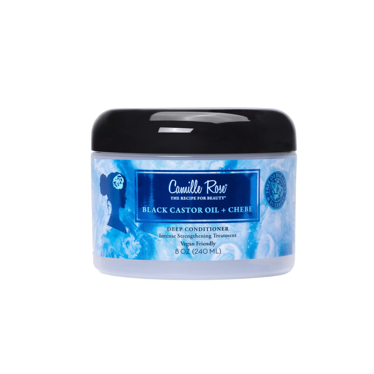 Camille Rose vegan black castor oil chebe deep conditioner jar with rich, nourishing formula.