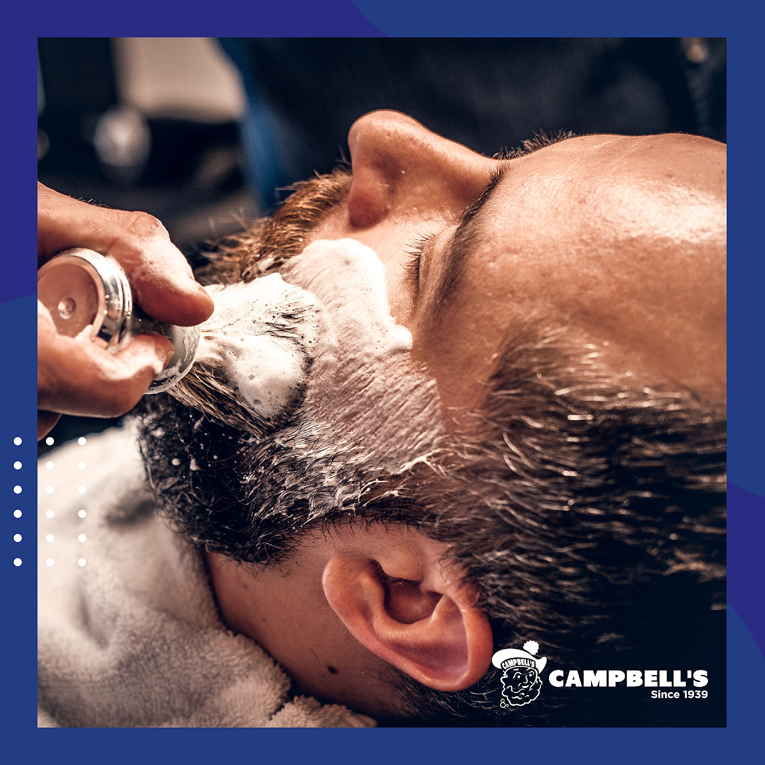 Barber station featuring hot lather machine and Campbell's cream.