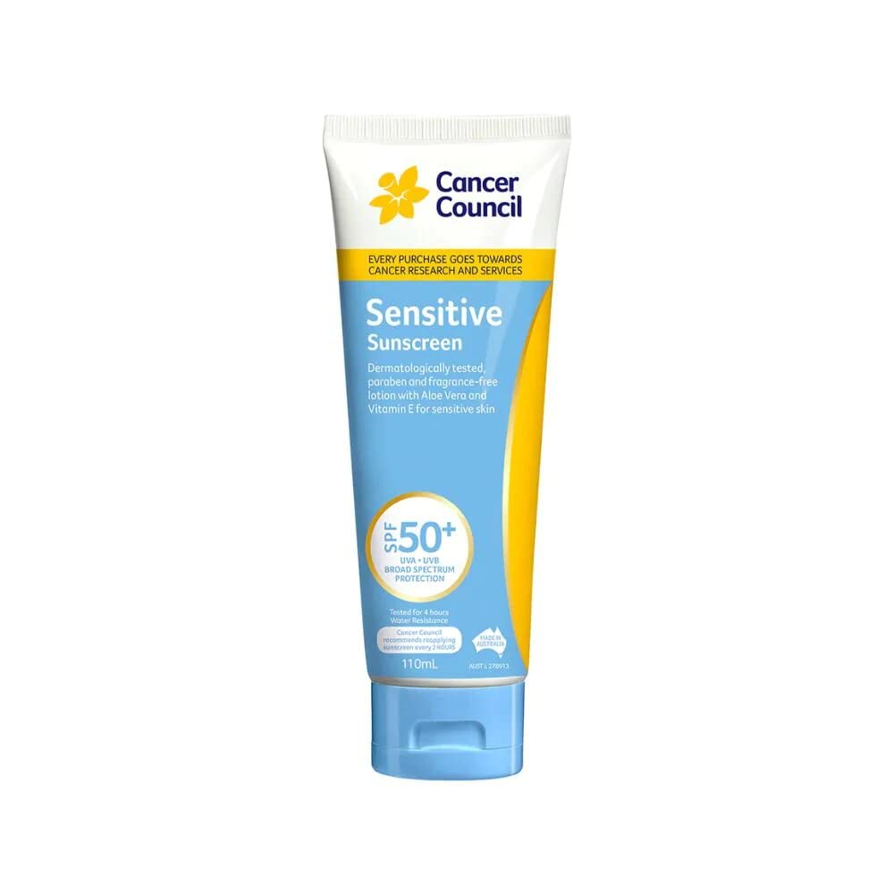 Cancer Council Sensitive Sunscreen SPF50+ bottle ready for daily sun protection.
