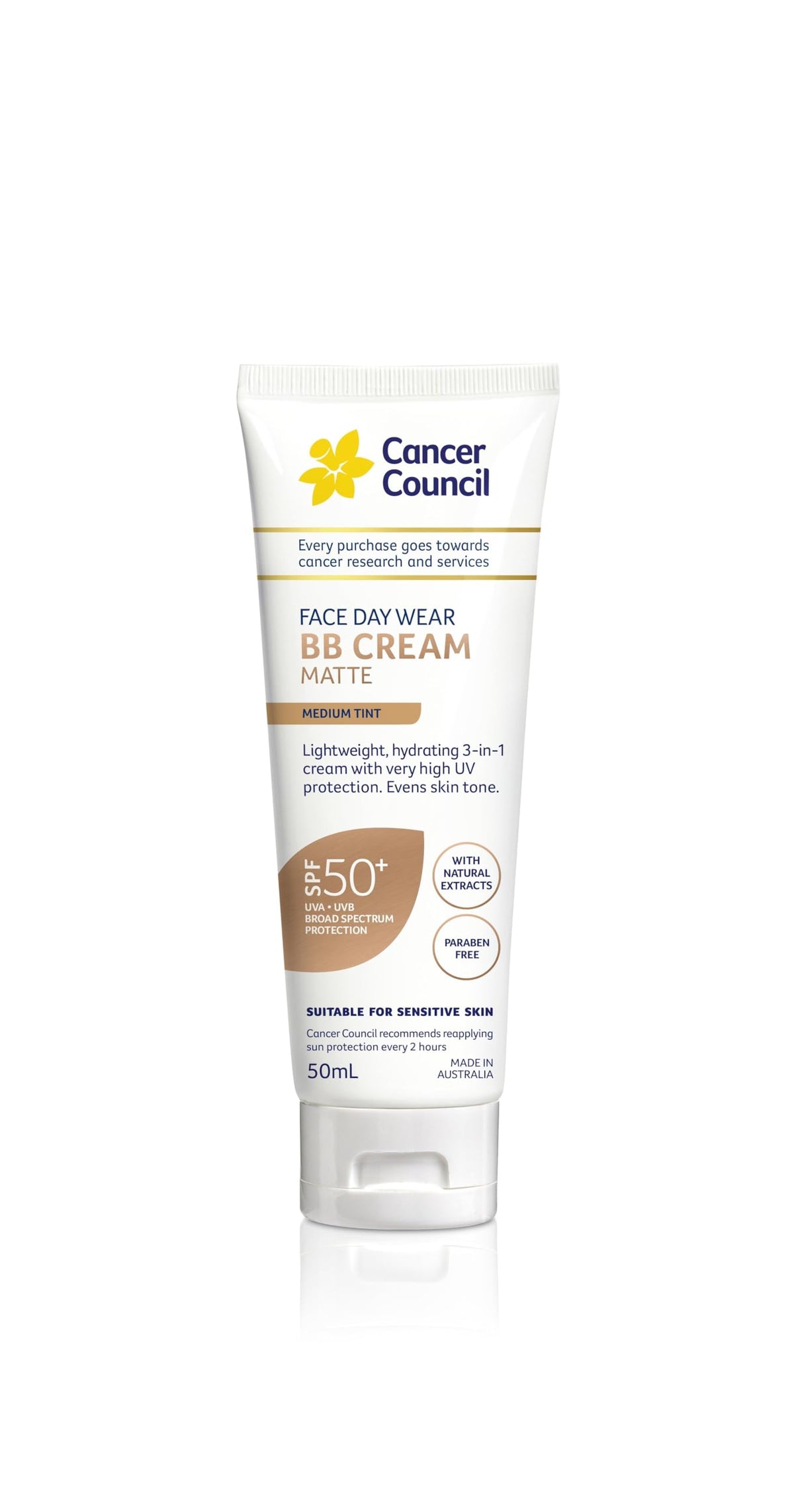 Cancer Council SPF50+ BB Cream Matte Medium Tint bottle provides daily sun protection.