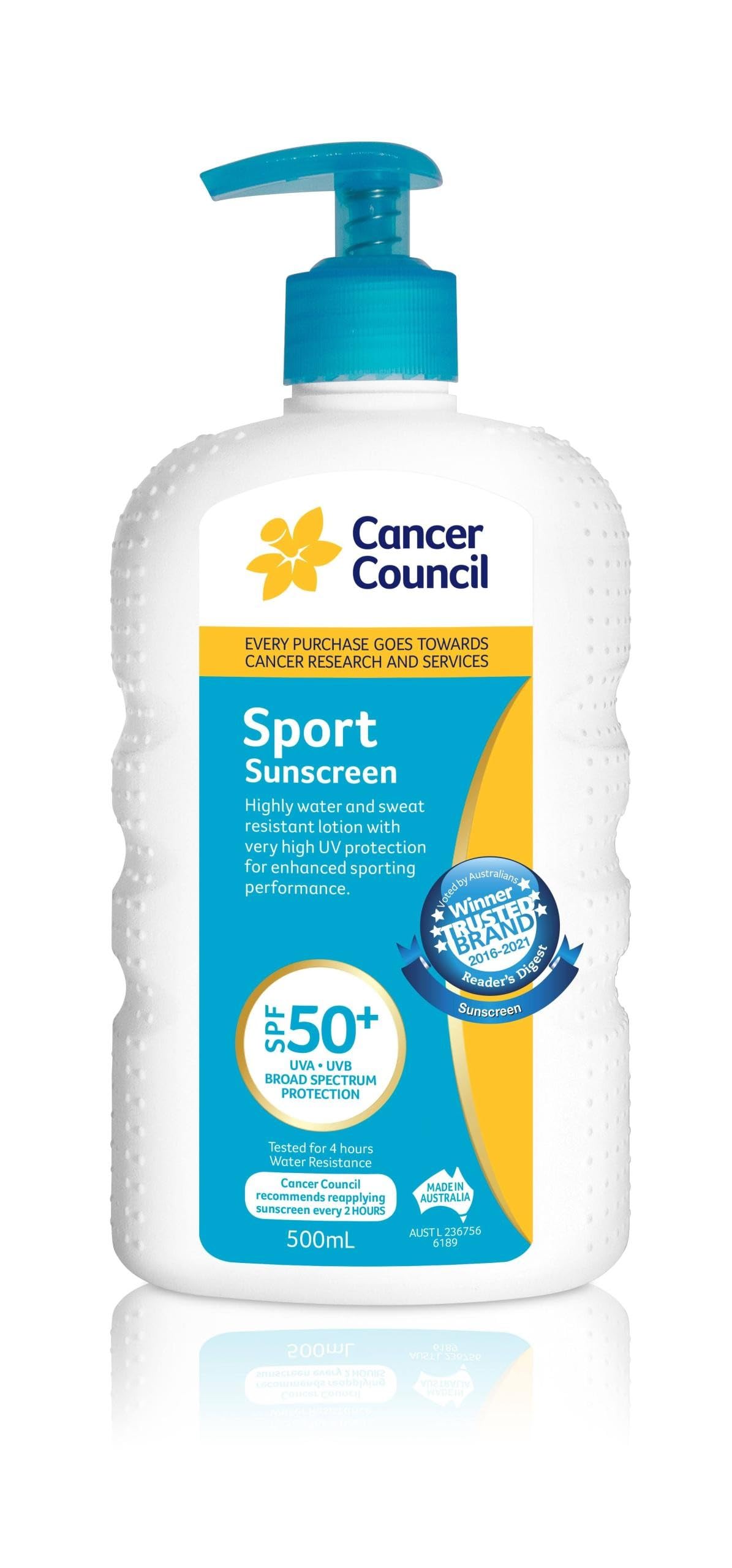 Cancer Council SPF50+ Sport 500ml pump bottle for active sun protection during workouts