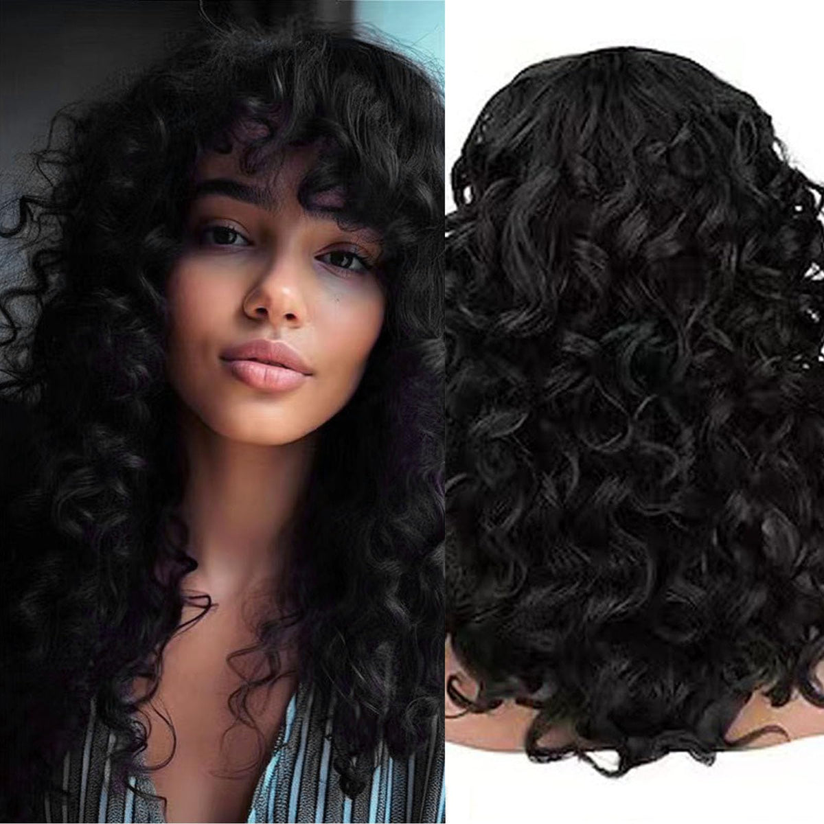 CanLux Curly Wig with Bangs 22in, glueless fit for daily wear.