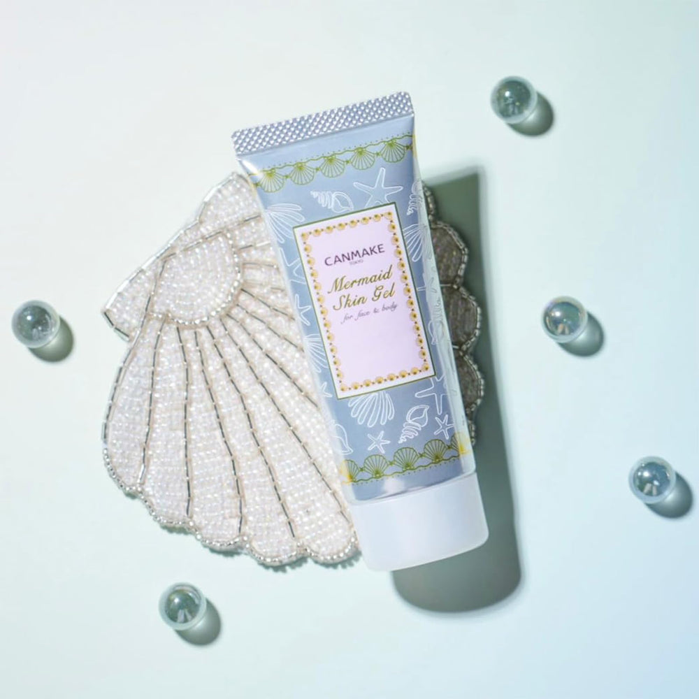 CANMAKE Mermaid Skin Gel application close-up shows easy-use pump design.