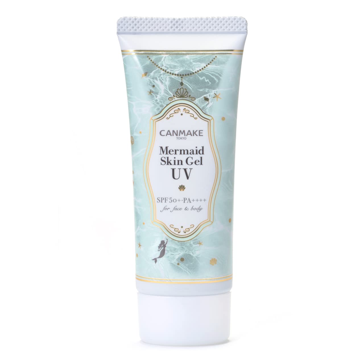 Canmake Mermaid Skin Gel sunscreen tube close-up showing lightweight protection for daily wear.