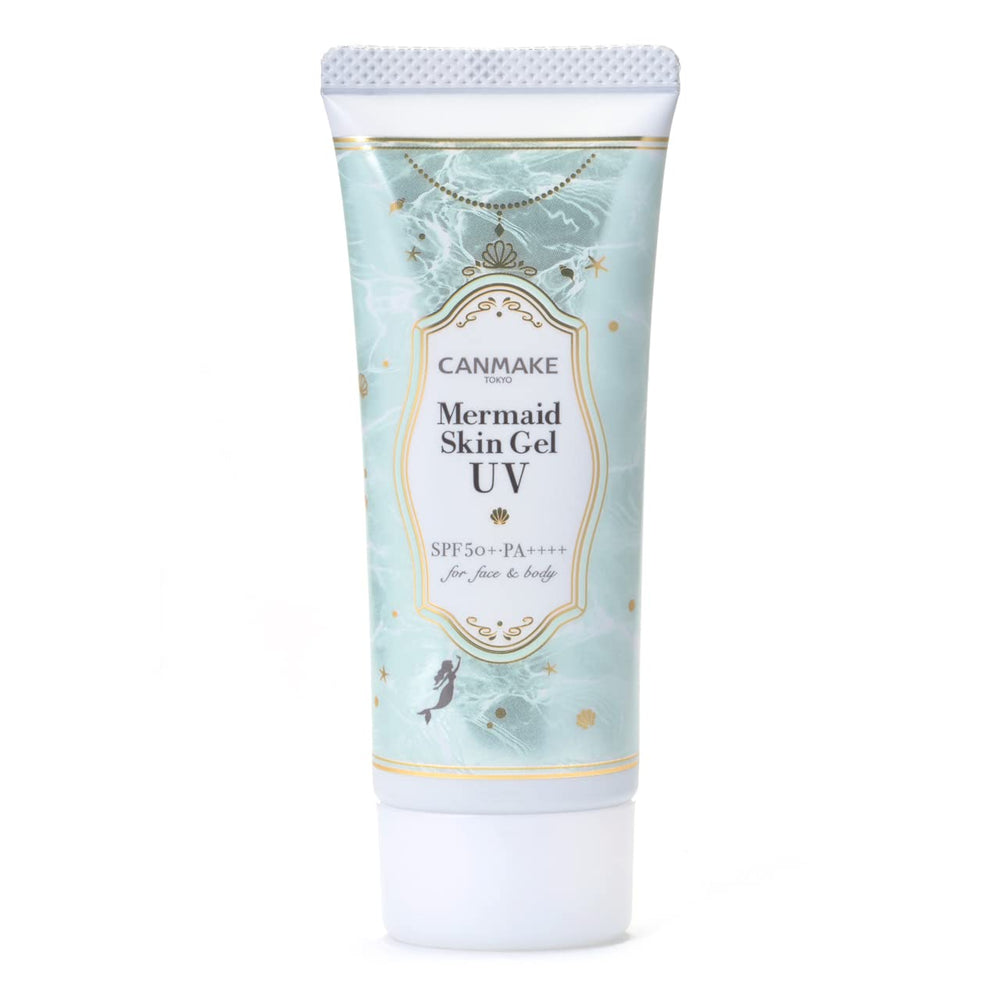 Canmake Mermaid Skin Gel sunscreen tube close-up showing lightweight protection for daily wear.