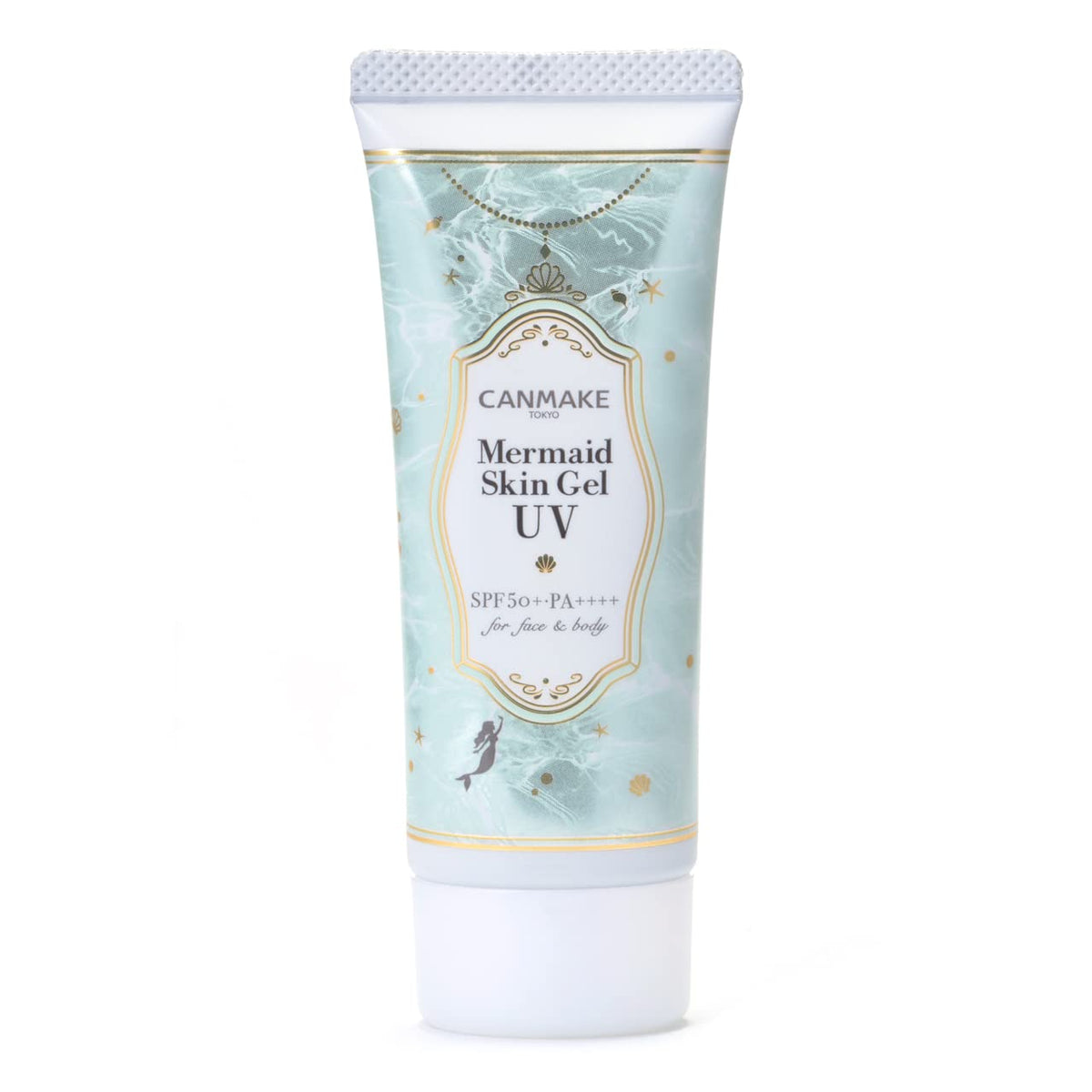Canmake Mermaid Skin Gel sunscreen tube close-up showing lightweight protection for daily wear.