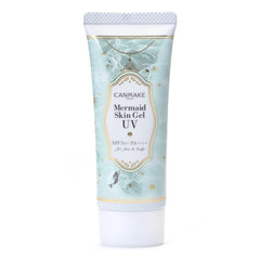 Canmake Mermaid Skin Gel sunscreen tube close-up showing lightweight protection for daily wear.