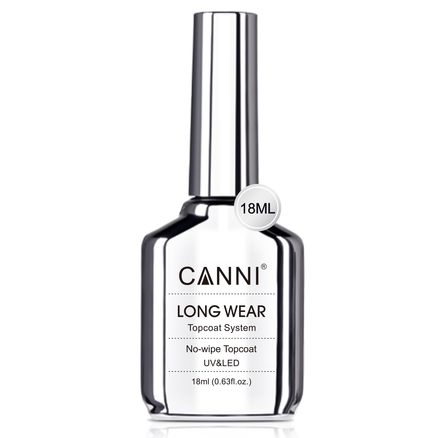 CANNI 18ml No Wipe Gel Top Coat bottle shows a glassy, long-lasting shine.