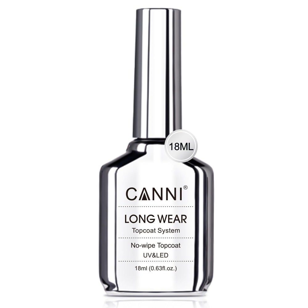 CANNI 18ml No Wipe Gel Top Coat bottle shows a glassy, long-lasting shine.