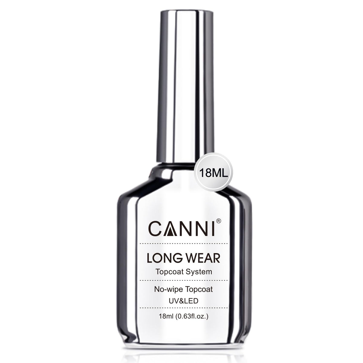 CANNI 18ml No Wipe Gel Top Coat bottle shows a glassy, long-lasting shine.