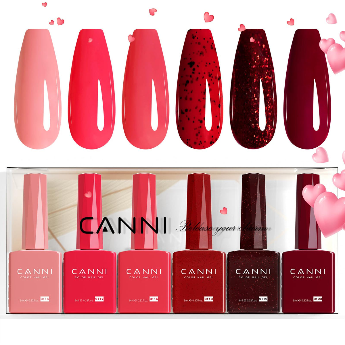 CANNI six colors gel bottle close-up shows accurate shade and bold glitter for quick color selection.
