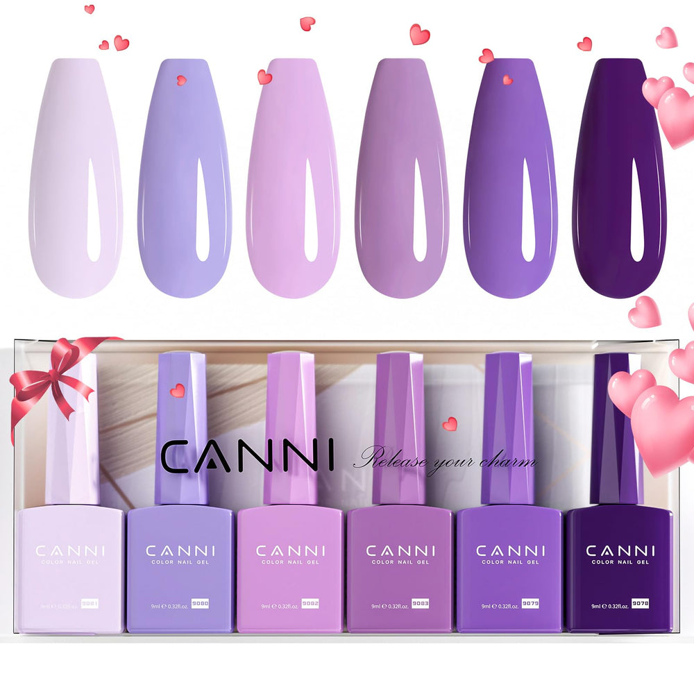 CANNI 6-piece HEMA-free purple gel polish set bottles for at-home manicures and color variety