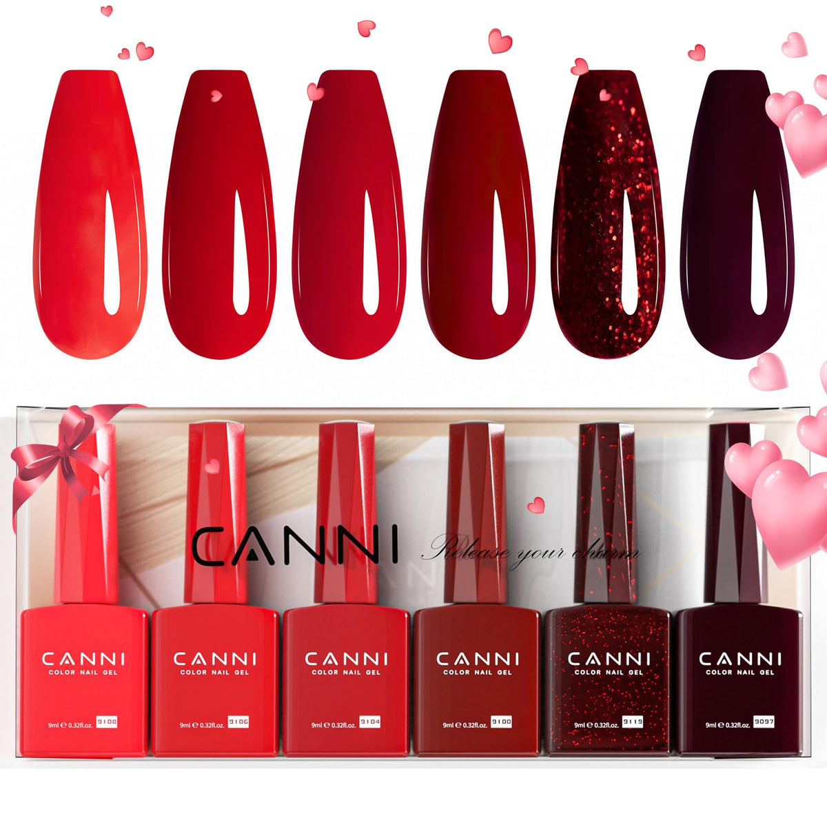CANNI six-piece gel polish bottles with color view for precise color matching.