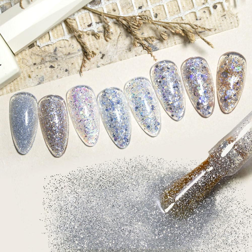 CANNI glitter gel polish set packaging image shows eight glitter colors for easy choice