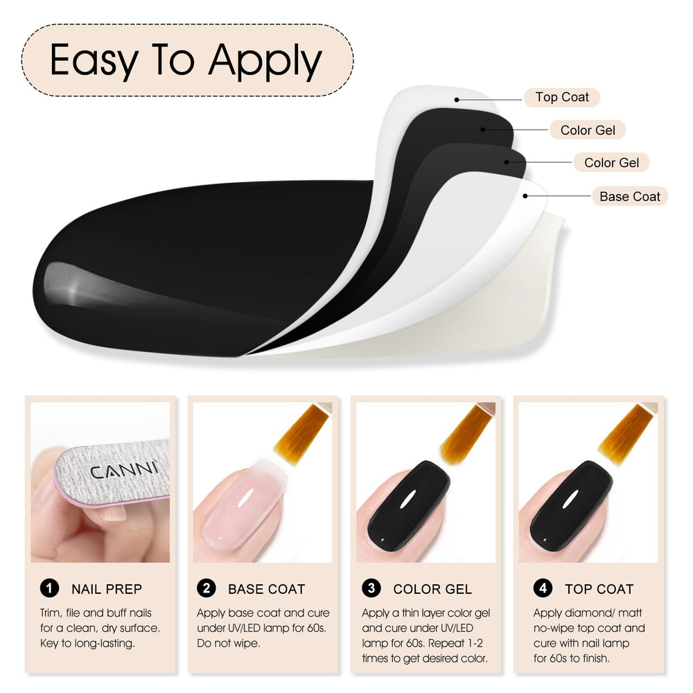 CANNI at-home manicure idea using black gel polish for chic looks.
