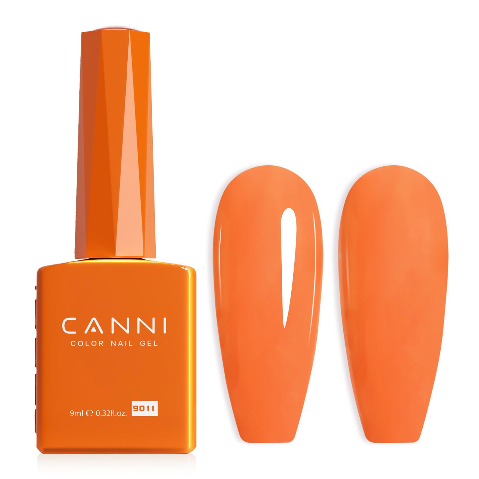 CANNI Bright Orange Gel bottle view, showcasing true color for accurate manicure planning.