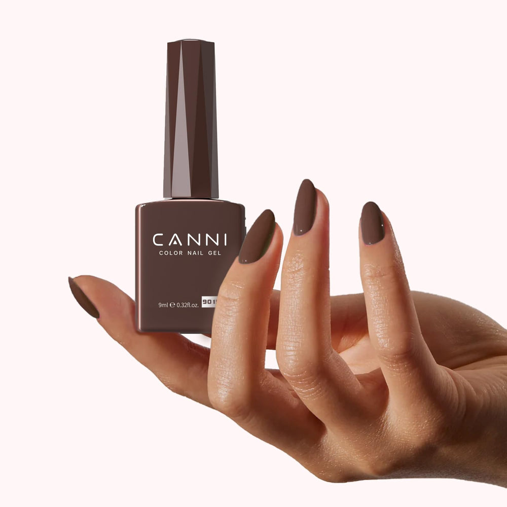 CANNI's high-gloss finish creates a luxurious look on dark brown gel nails.