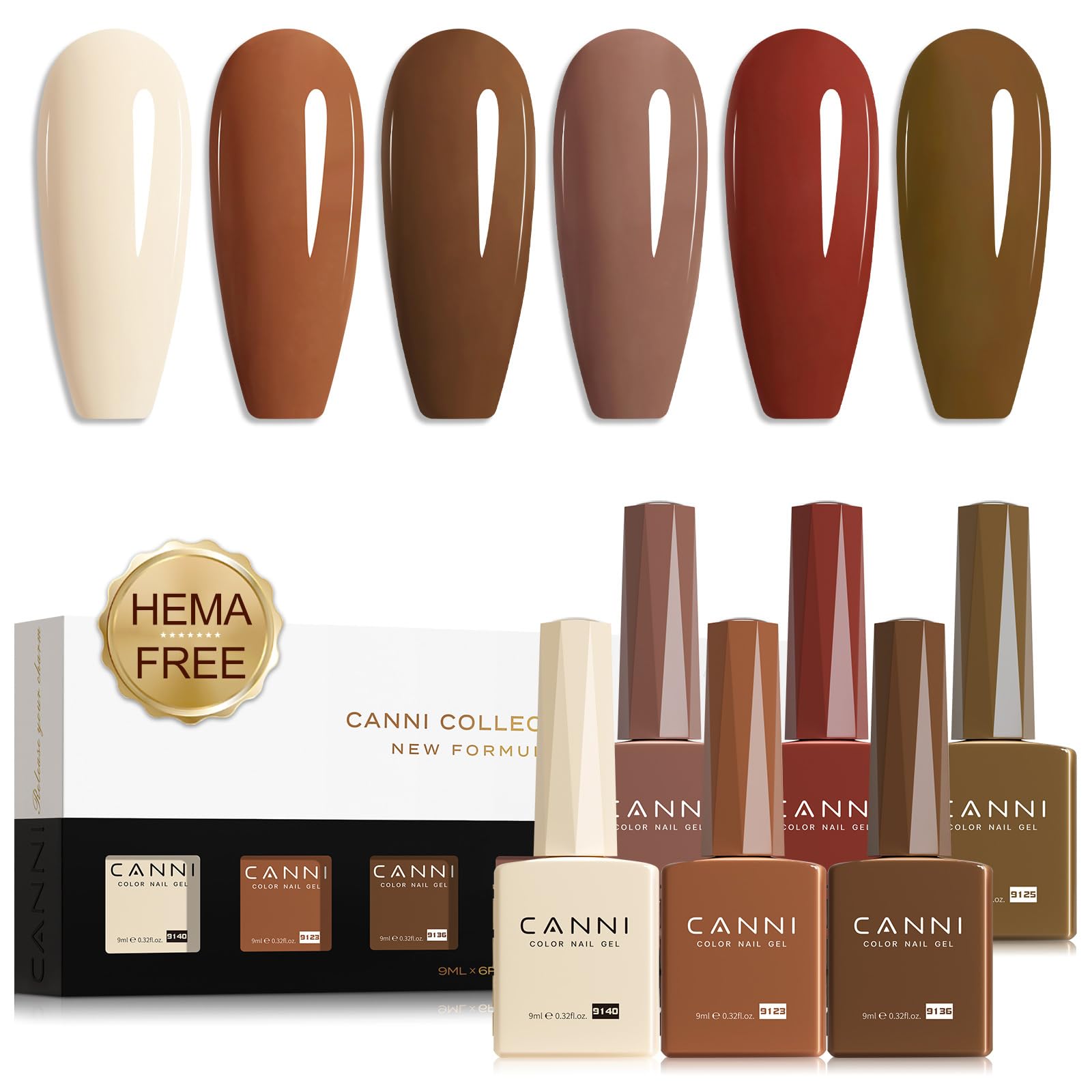 CANNI Brown Nude Gel Nail Polish Set with six nude shades for versatile at home manicures.