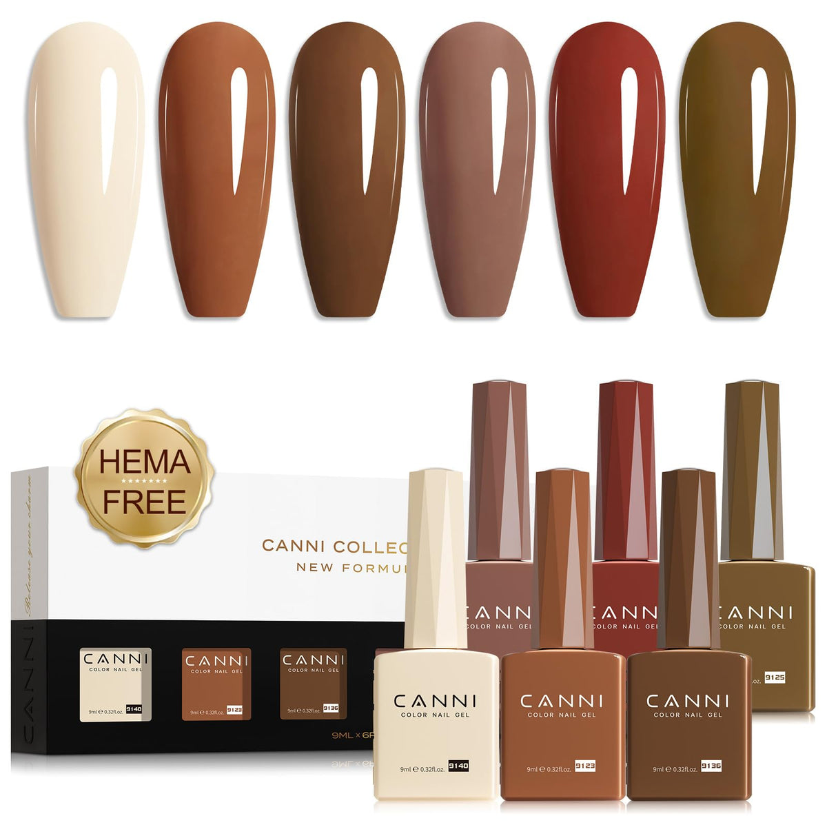 CANNI Brown Nude Gel Nail Polish Set with six nude shades for versatile at home manicures.