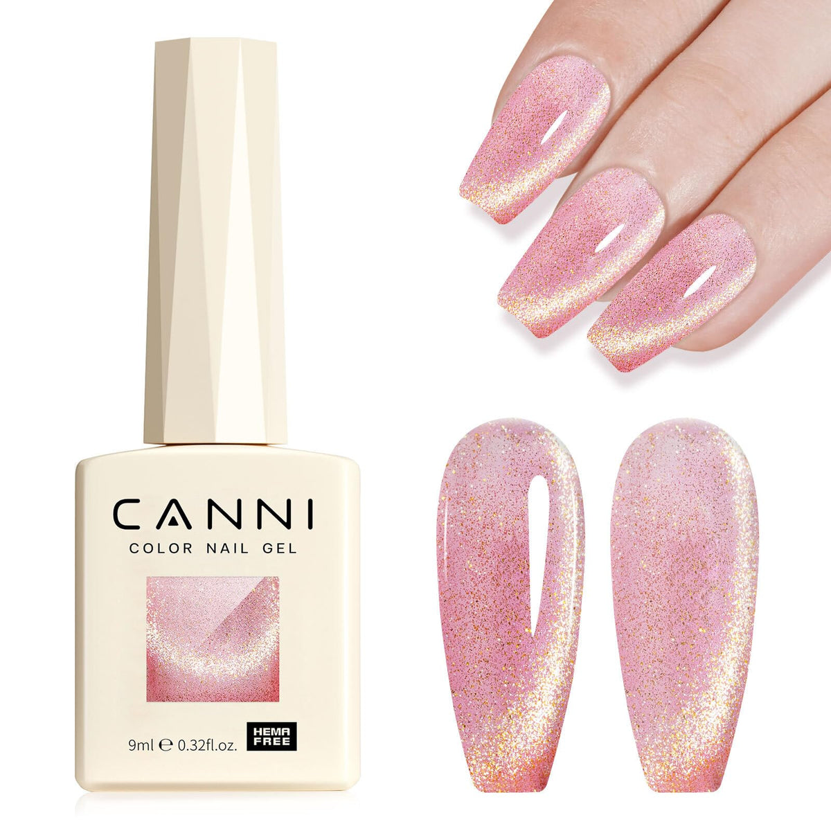 CANNI Cat Eye Nail Polish Pink Rose 9ml with radiant shimmer for DIY manicures.