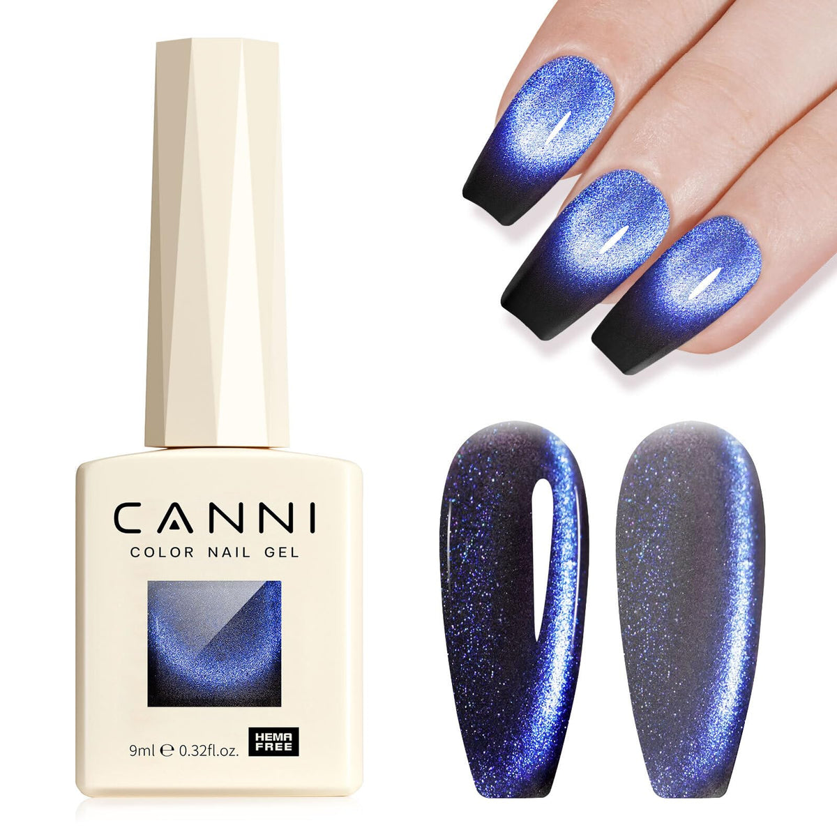CANNI cat eye polish bottle with blue-dark star cascade for bold evening nails.