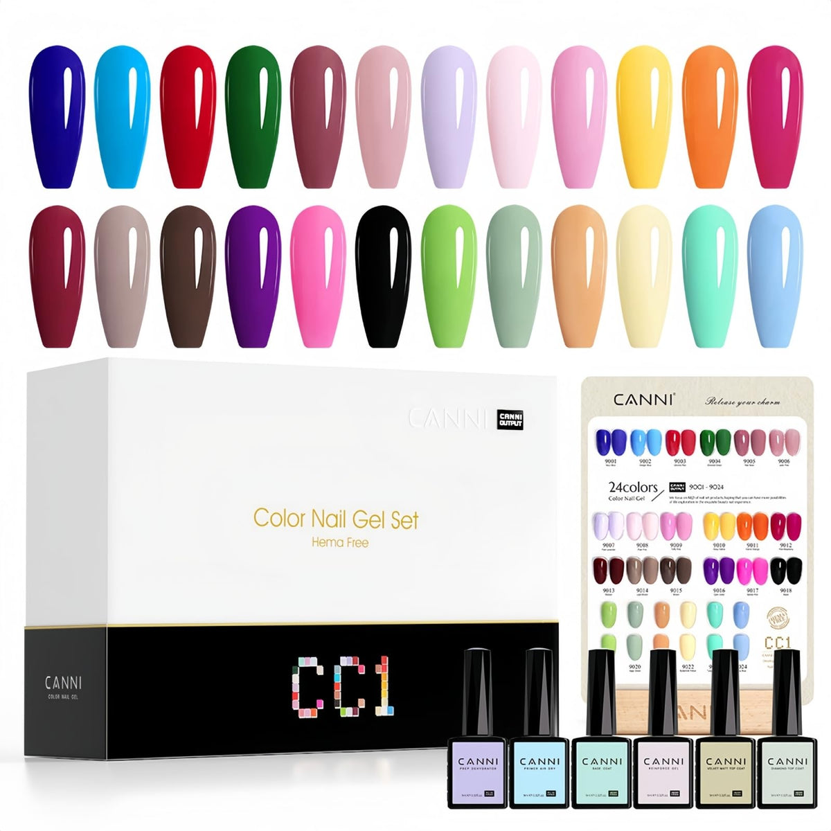 CANNI CC1 color chart and bottles showing vibrant shade options for easy selection