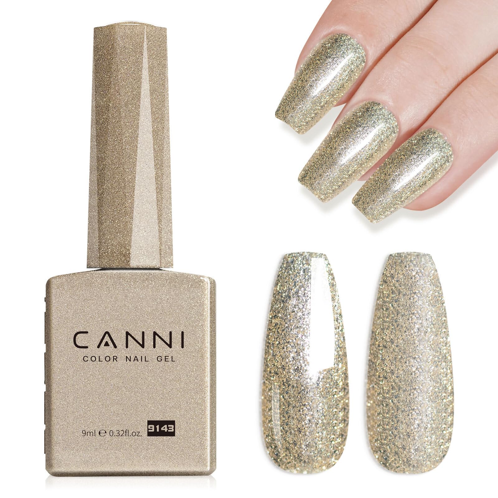 CANNI champagne-gold glitter gel polish bottle for a dazzling manicure