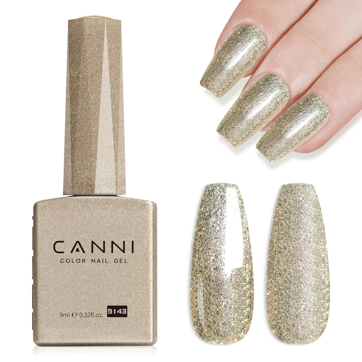CANNI champagne-gold glitter gel polish bottle for a dazzling manicure