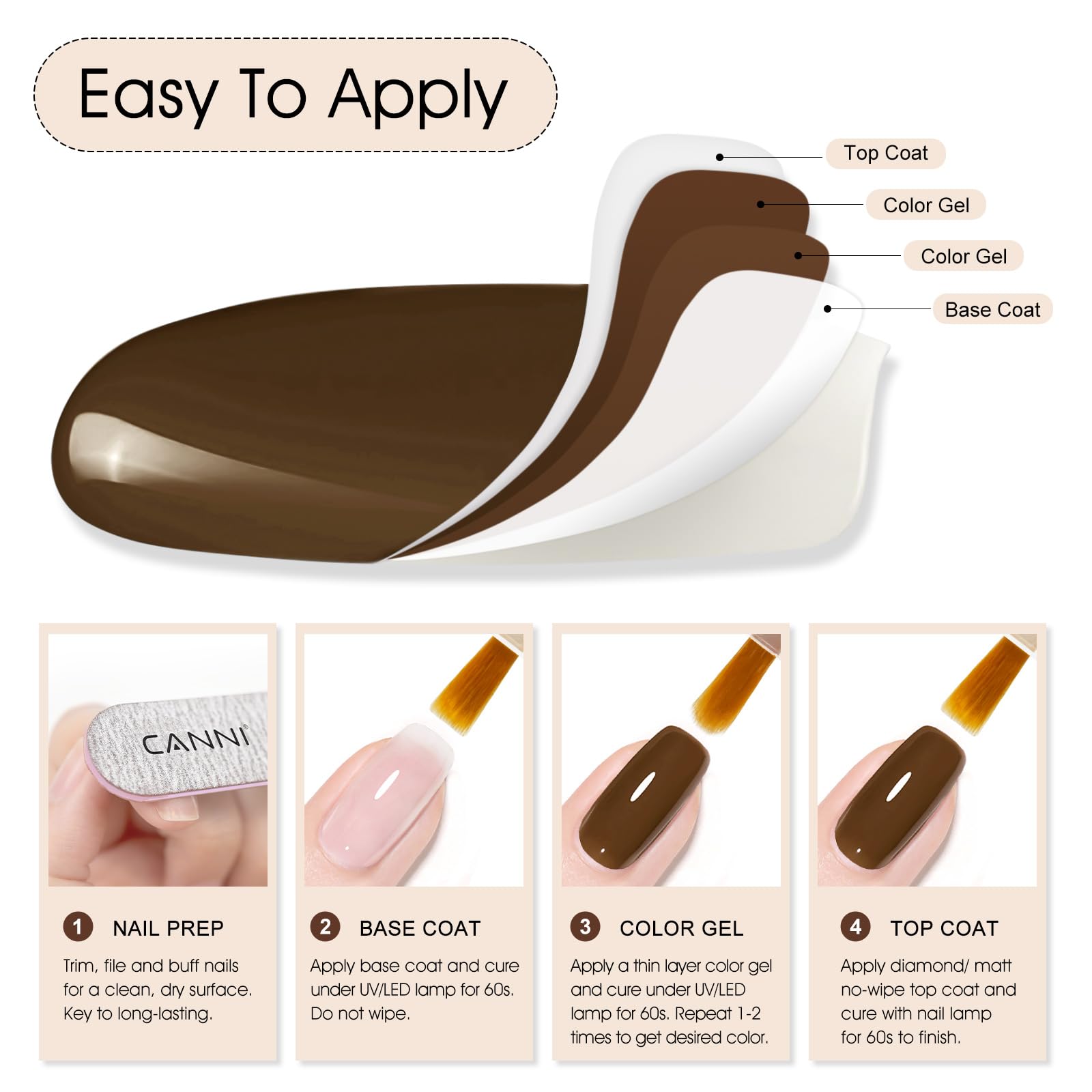 CANNI dark brown gel polish ideal for a professional-looking at-home manicure.