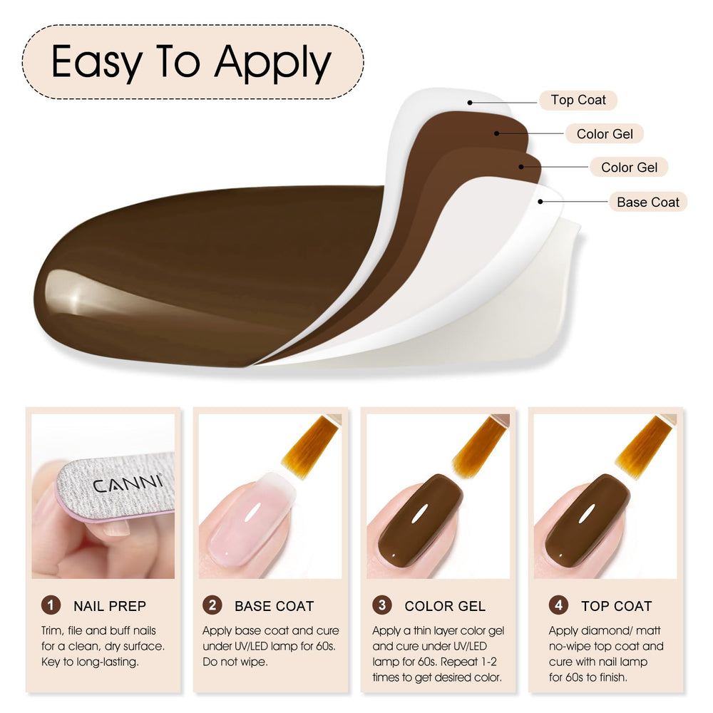 CANNI dark brown gel polish ideal for a professional-looking at-home manicure.