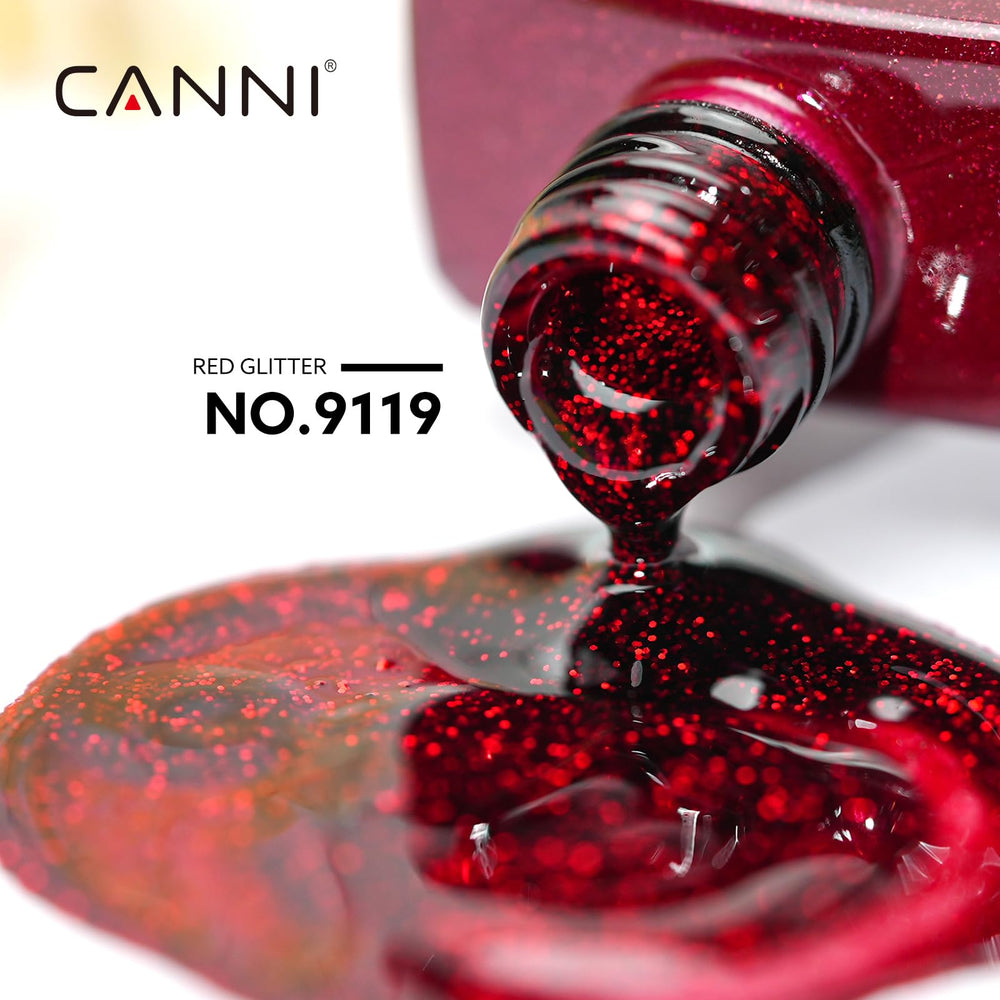 CANNI swatch shows rich red glitter for statement nails.