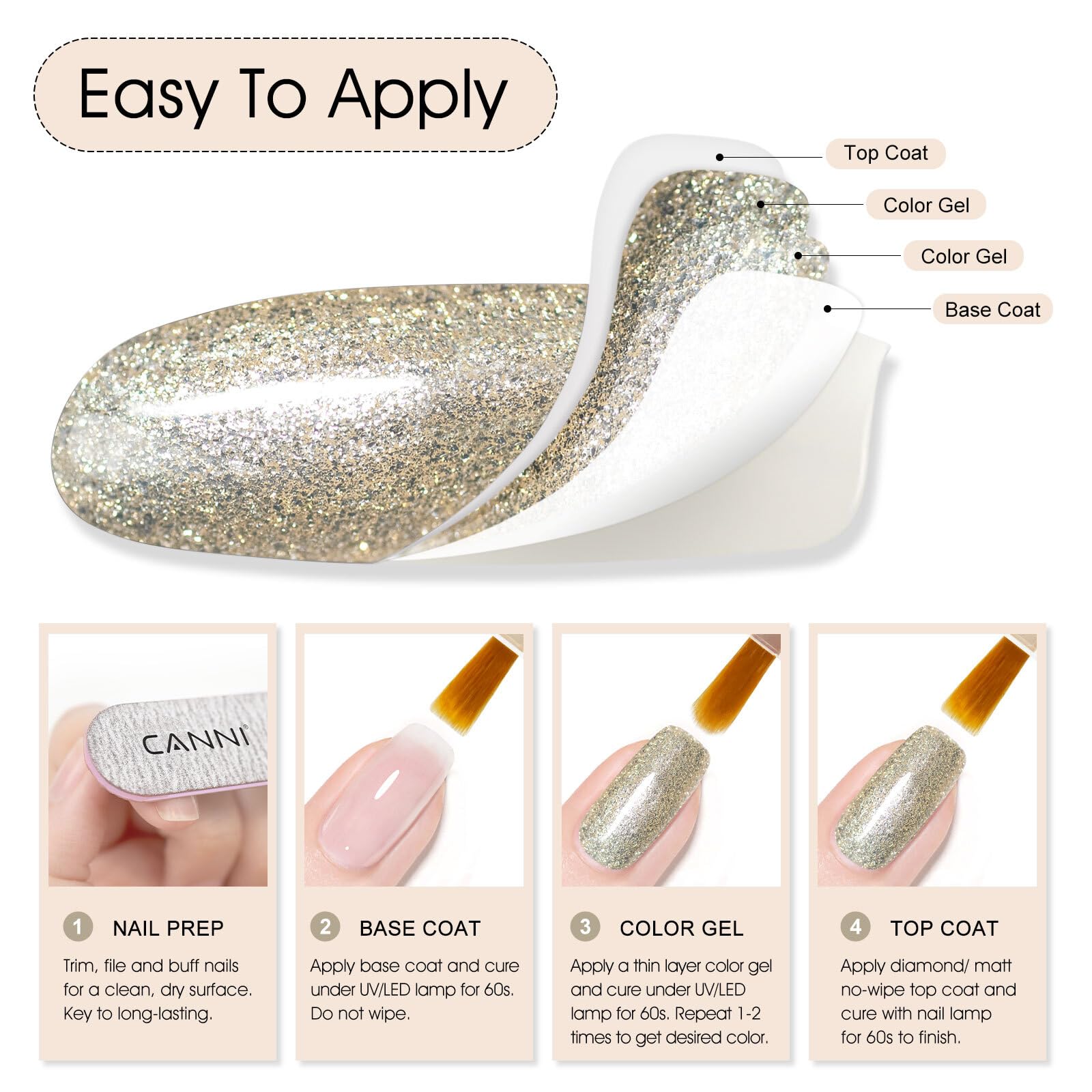 CANNI glitter gel polish delivers durable wear with shimmering champagne tones