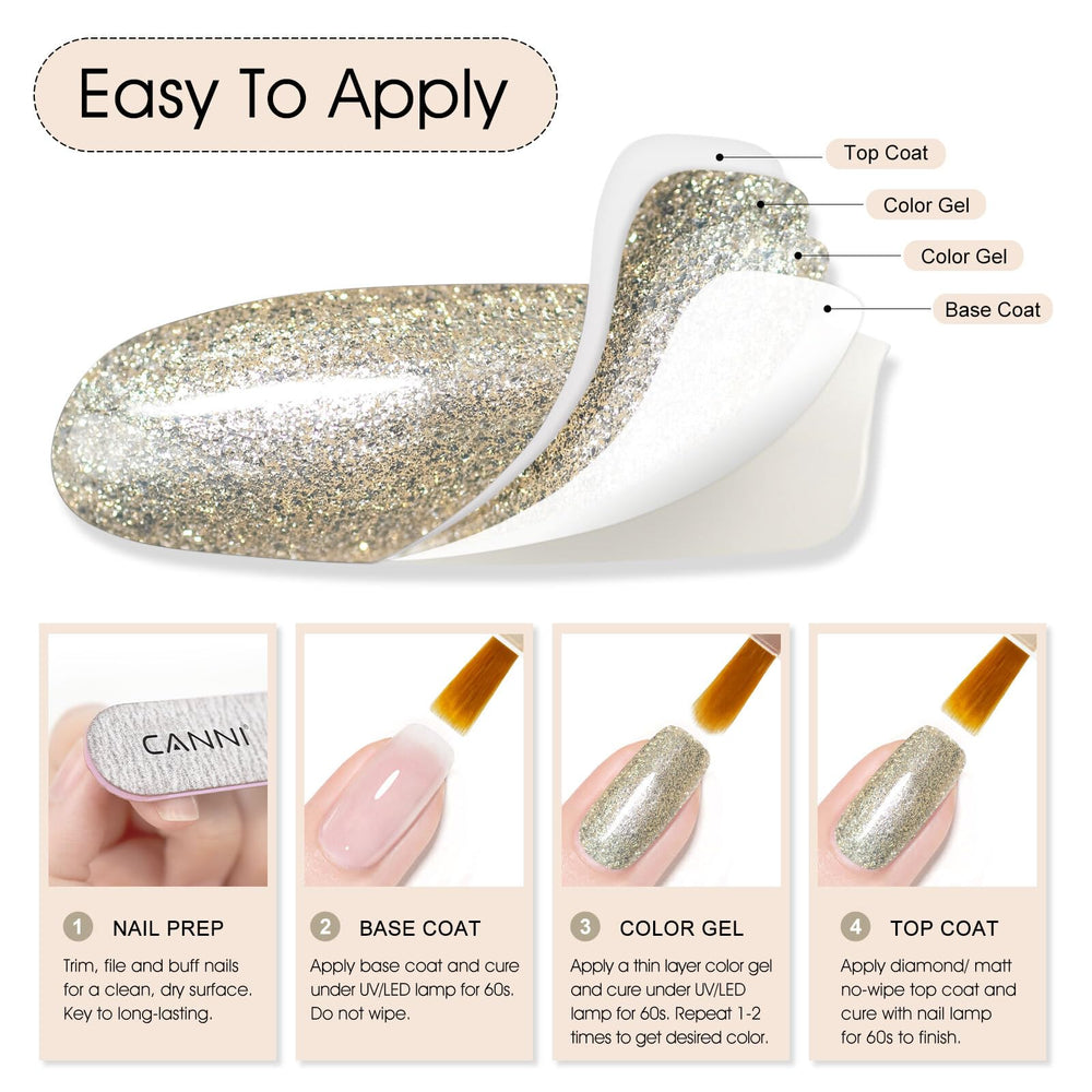 CANNI glitter gel polish delivers durable wear with shimmering champagne tones