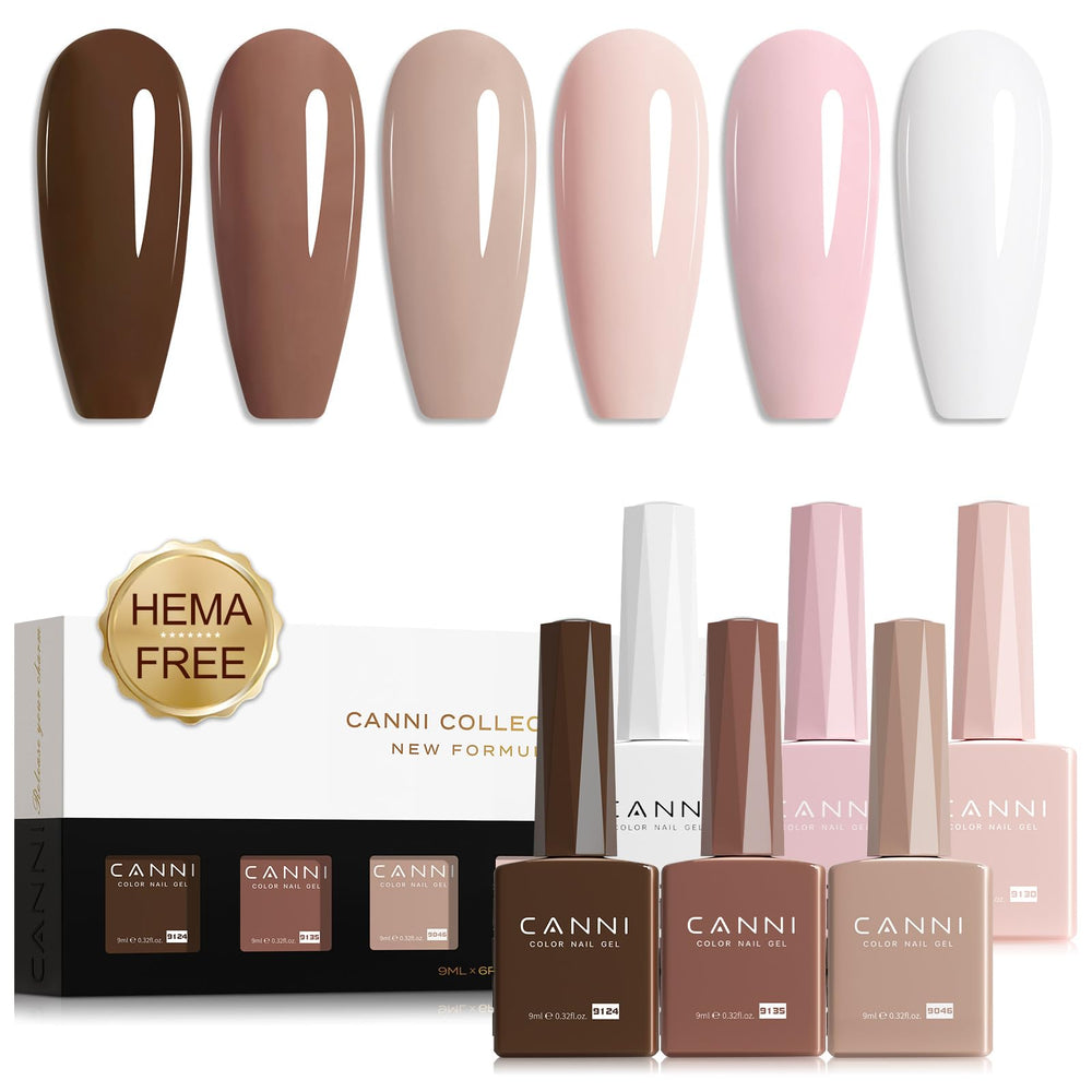 CANNI gel nail polish kit six nude-pink shades in 9ml bottles for home use.