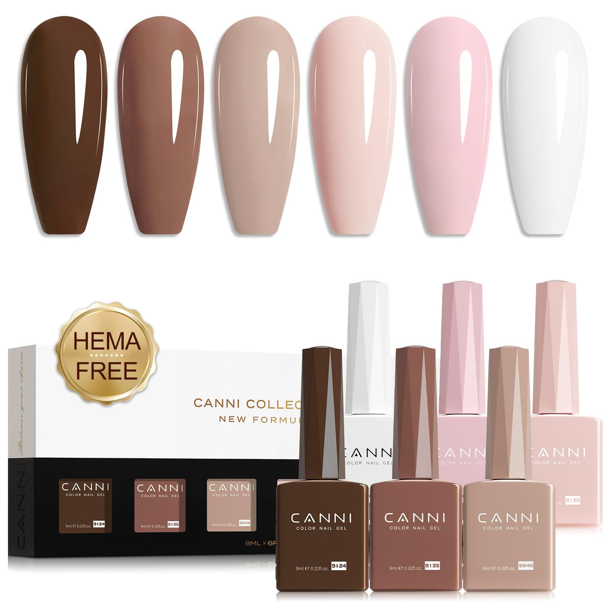 CANNI gel nail polish kit six nude-pink shades in 9ml bottles for home use.