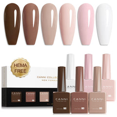 CANNI gel nail polish kit six nude-pink shades in 9ml bottles for home use.