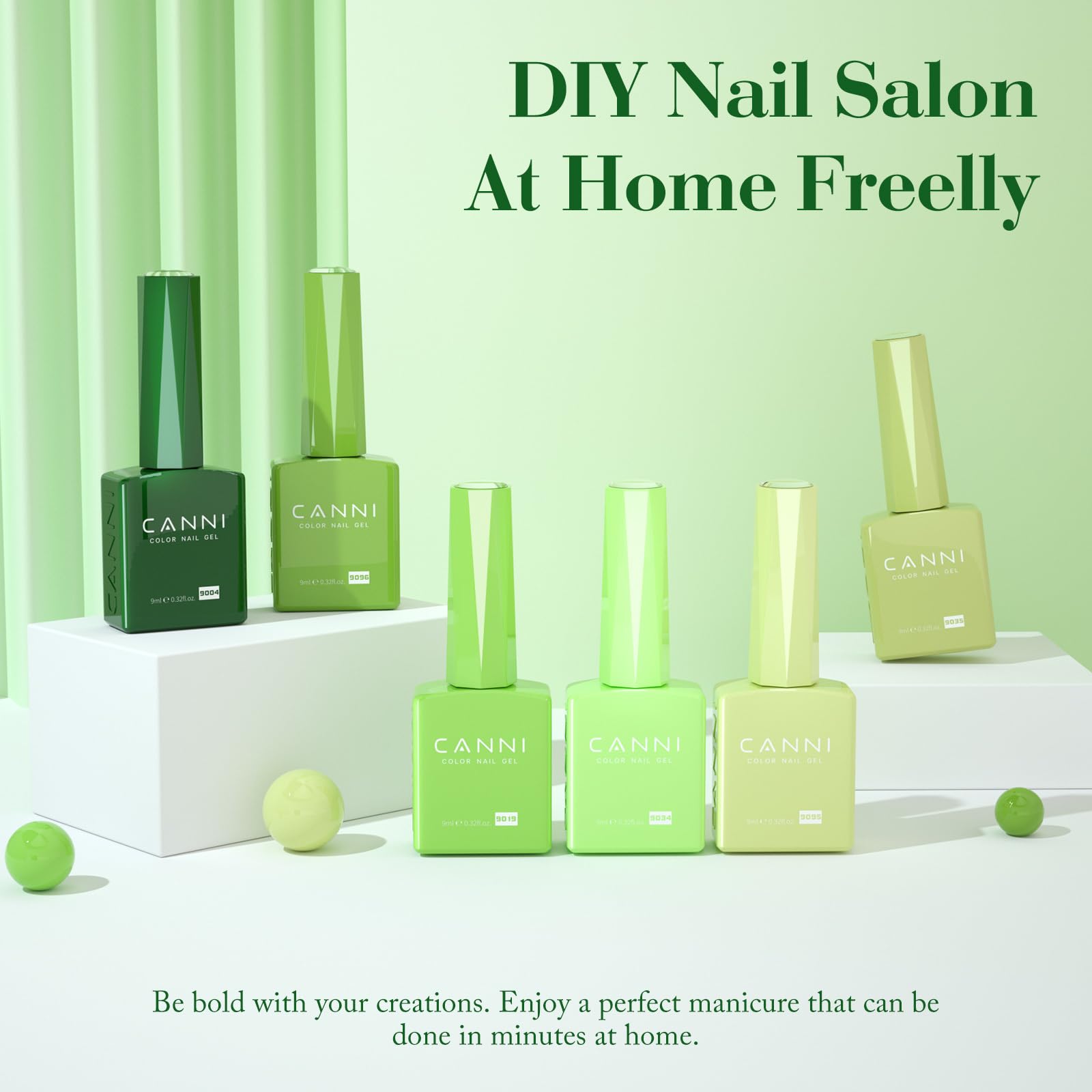 CANNI Green Evergreen bottle displays rich shade for bold DIY nails.