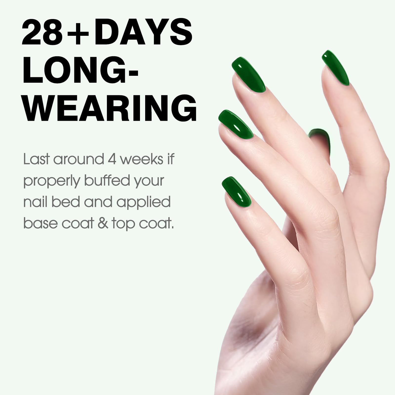 CANNI green gel nail polish on nails with high gloss finish for lasting shine.