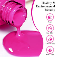 Color swatches show CANNI hot pink gel polish finish for vivid nail art ideas.