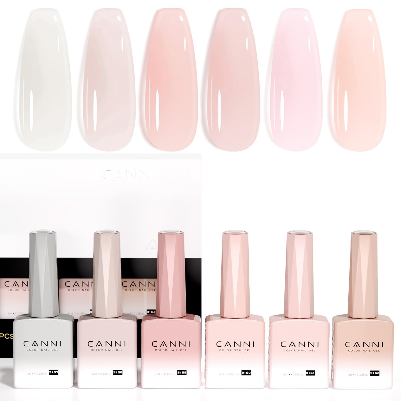 CANNI Jelly Nude Pink gel bottles with color-coded design for shade matching.