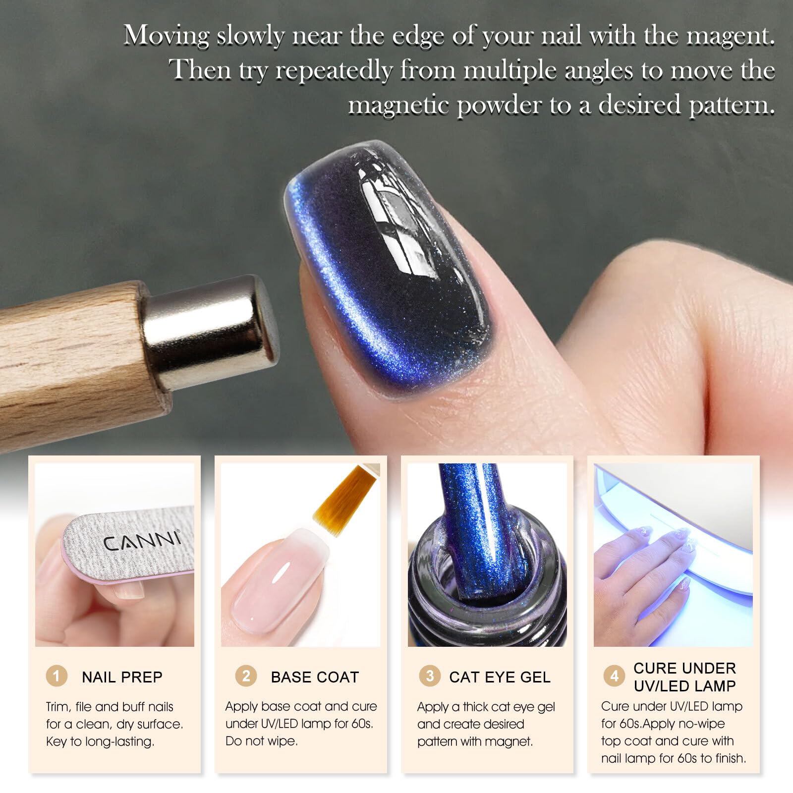 CANNI nail polish swatch reveals vivid blue-dark cat-eye swirl and shine.