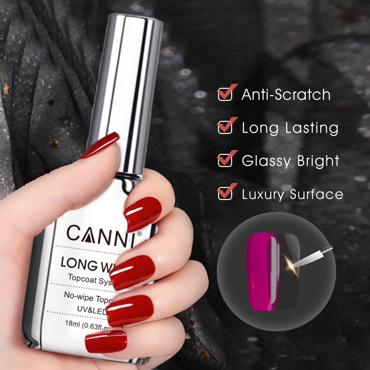 Close-up of the brush applying CANNI No Wipe Top Coat for a smooth finish.