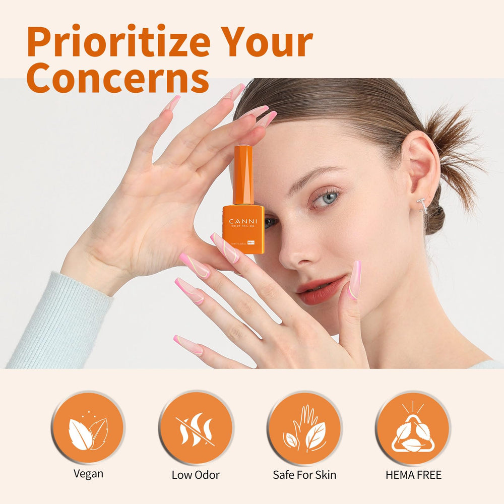 Top coat with CANNI orange gel polish seals the glossy finish