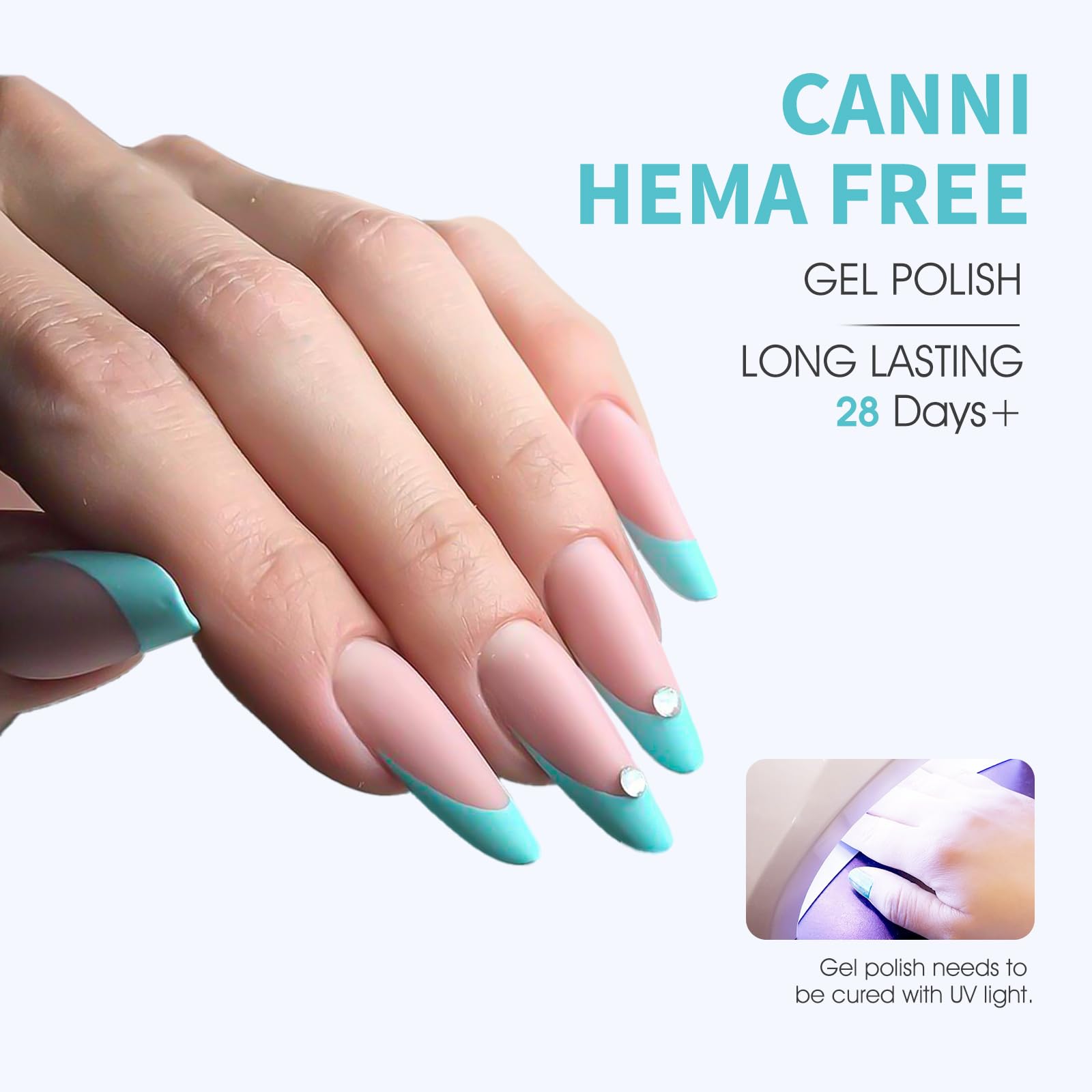 CANNI Pastel Blue gel nail polish color swirl in bottle demonstrates high-pigment formula for full coverage