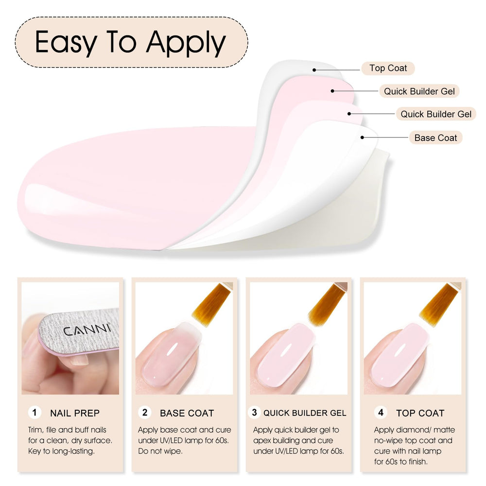 CANNI Quick Builder Nail Gel under UV/LED curing for durable wear.