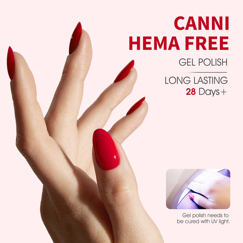 CANNI red gel brush-on application demonstrates smooth, precise nails at home